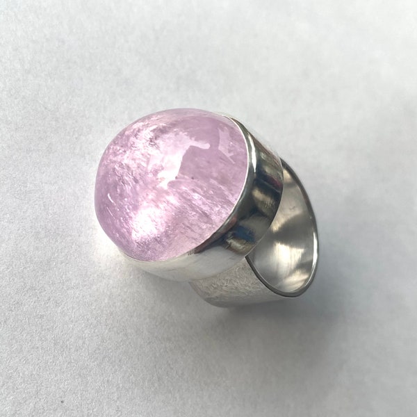 Kunzite Pink Gemstone with dreamy inclusions set in hand-fabricated Sterling and Fine Silver Ring Size 8