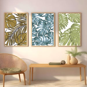 3er Set Farbe tropische Palmen Blätter druckbare Kunst Moderne botanische Grüngalerie Wandkunst Natur Wandkunst Drucke Monstera Blatt Wanddekoration