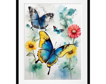 Watercolor Butterfly Print, Floral Wall Art, Boho Home Decor