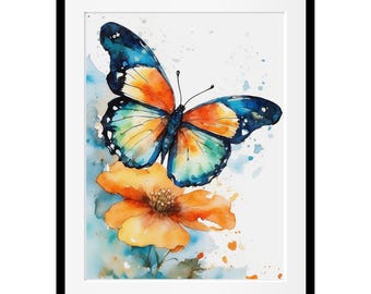 Butterfly Watercolor Print, Boho Floral Wall Art