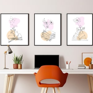 Set of 3 Line drawing Art Boho style Art Floral Line Art Book and Flower Wall Art Minimal Floral Prints Abstract Flower Line Art Bouquet