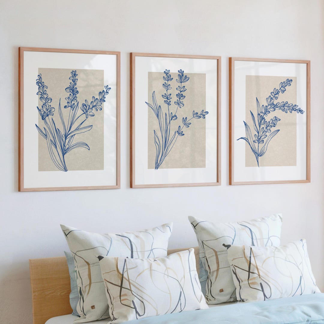 Botanical Line Art Print Set, Minimalist Blue Floral Gallery Wall - Etsy