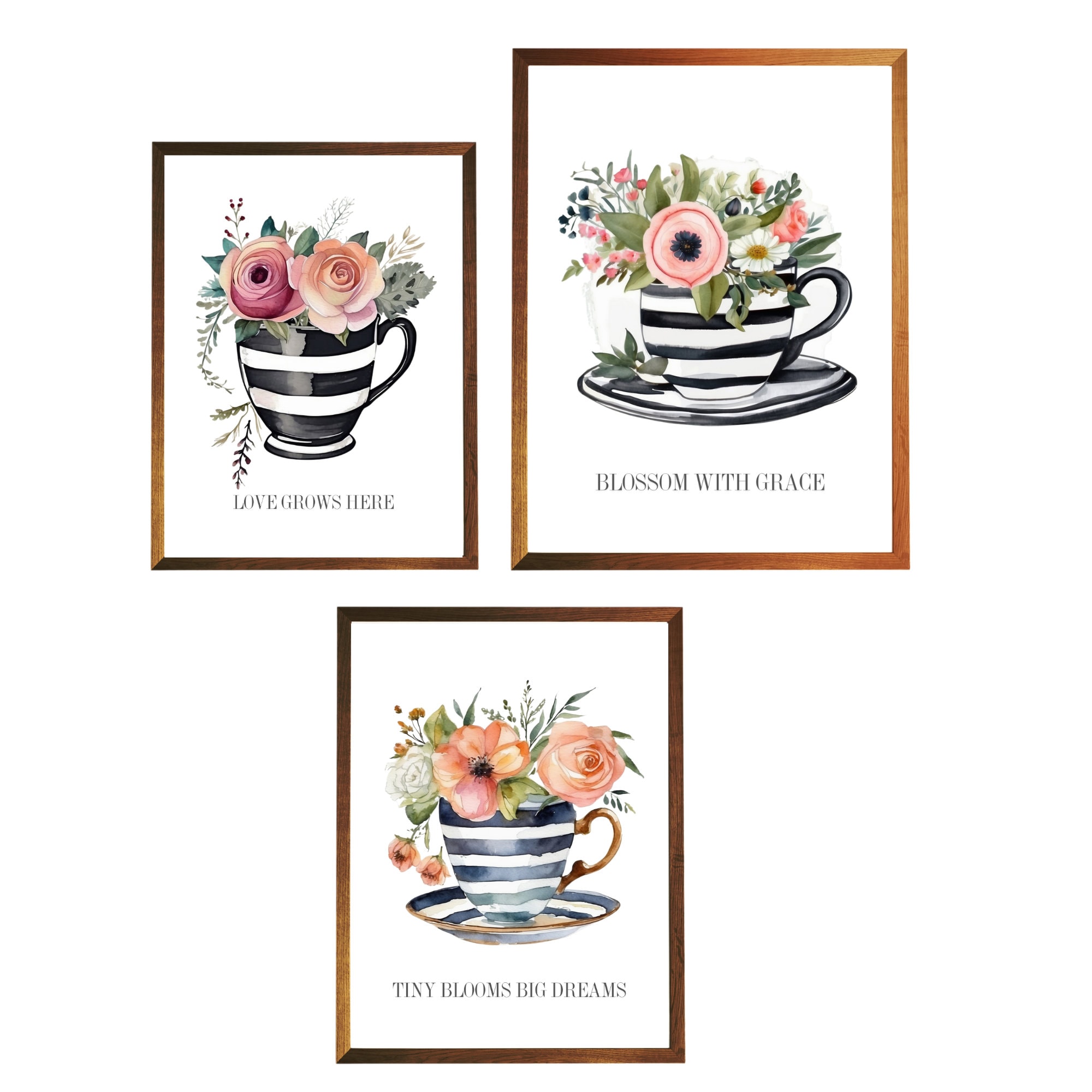 Set of 3 Prints Tea Cup Flower Wall Art Tea Party Decor Watercolor ...