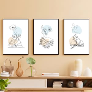 Set of 3 Line drawing Art Boho style Art Floral Line Art Book and Flower Wall Art Minimal Floral Prints Abstract Flower Line Art Bouquet