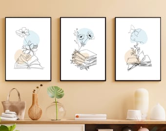 Boho Floral Line Art Prints, Set of 3 (Digital Download)
