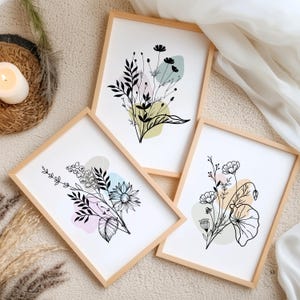 Set of 3 Botanical Line Art print Gallery Wall art Minimal Line Flowers Printable Art Wildflowers Art Fine Floral Line Art Modern Home Decor