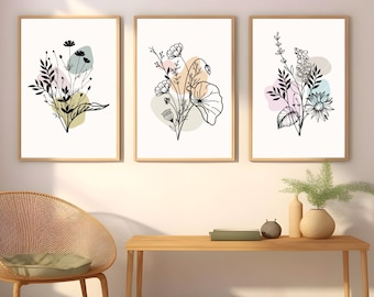 Zestaw wydruków botanicznych, minimalistyczna dekoracja ścienna z motywem kwiatowym (do pobrania w wersji cyfrowej)