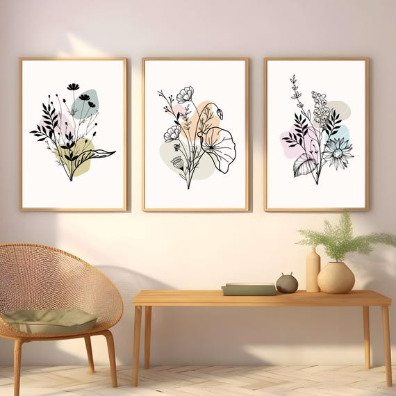Botanical Line Art Print Set, Minimalist Floral Wall Decor (Digital Download)