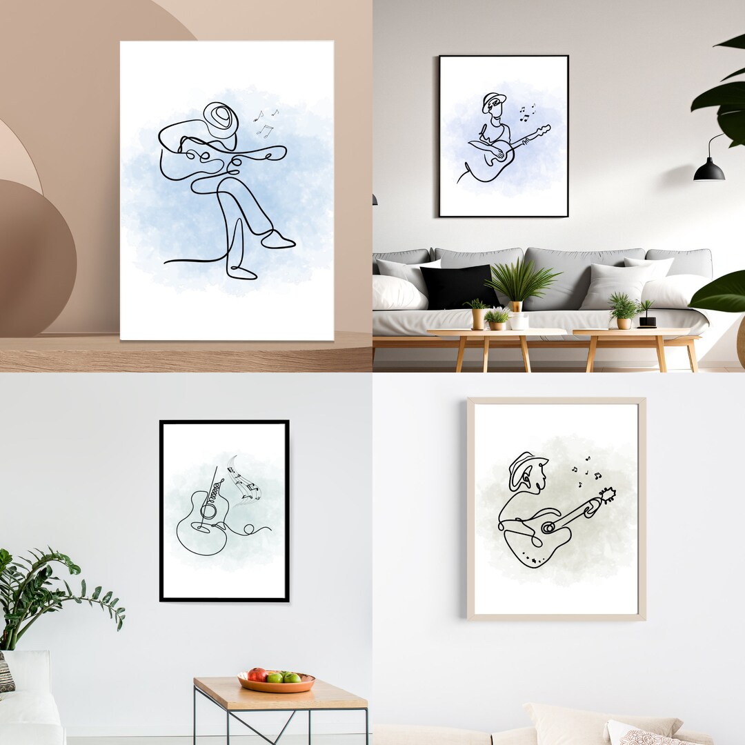 Set of 4 Music Wall Art Minimalist Guitar Line Art Stringed Instrument