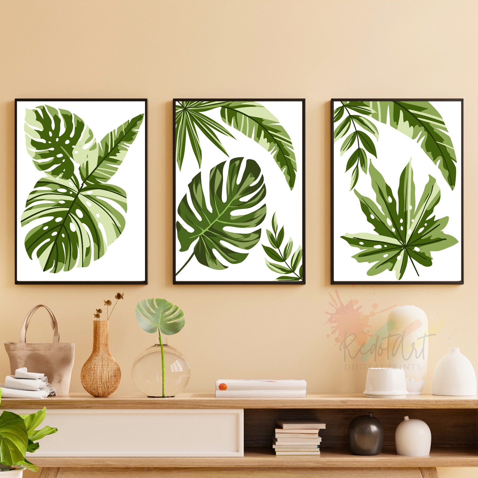 Set of 3 Prints, Tropical Green Leaf Wall Art Prints, Botanical Wall ...