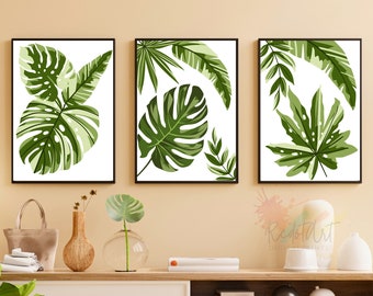 Set of 3 Prints, Tropical Green Leaf Wall Art Prints, Botanical Wall Art, Printable Wall Art, Nature wall art set, Sage Green Wall Art