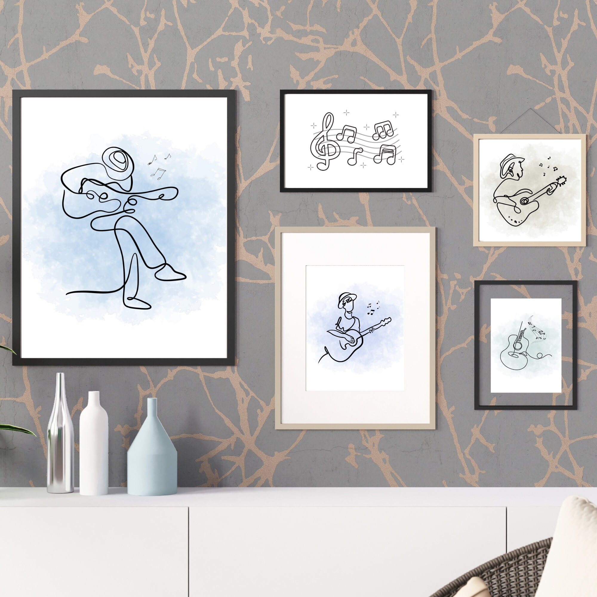 Set of 4 Music Wall Art Minimalist Guitar Line Art Stringed Instrument