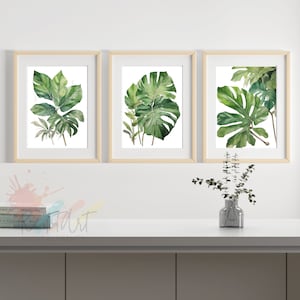 3er-Set Prints, Tropisches grünes Blatt, Aquarell Wand Kunst Drucke, Botanische Wandkunst, Natur Wandkunst, Salbei Grüne Blätter