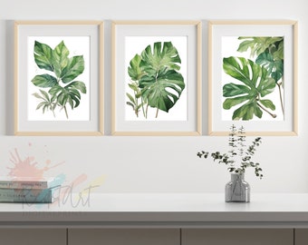 Set of 3 Prints, Tropical Green Leaf, WaterColor Wall Art Prints, Botanical Wall Art, Printable Wall Art, Nature wall Art, Sage Green Leaves