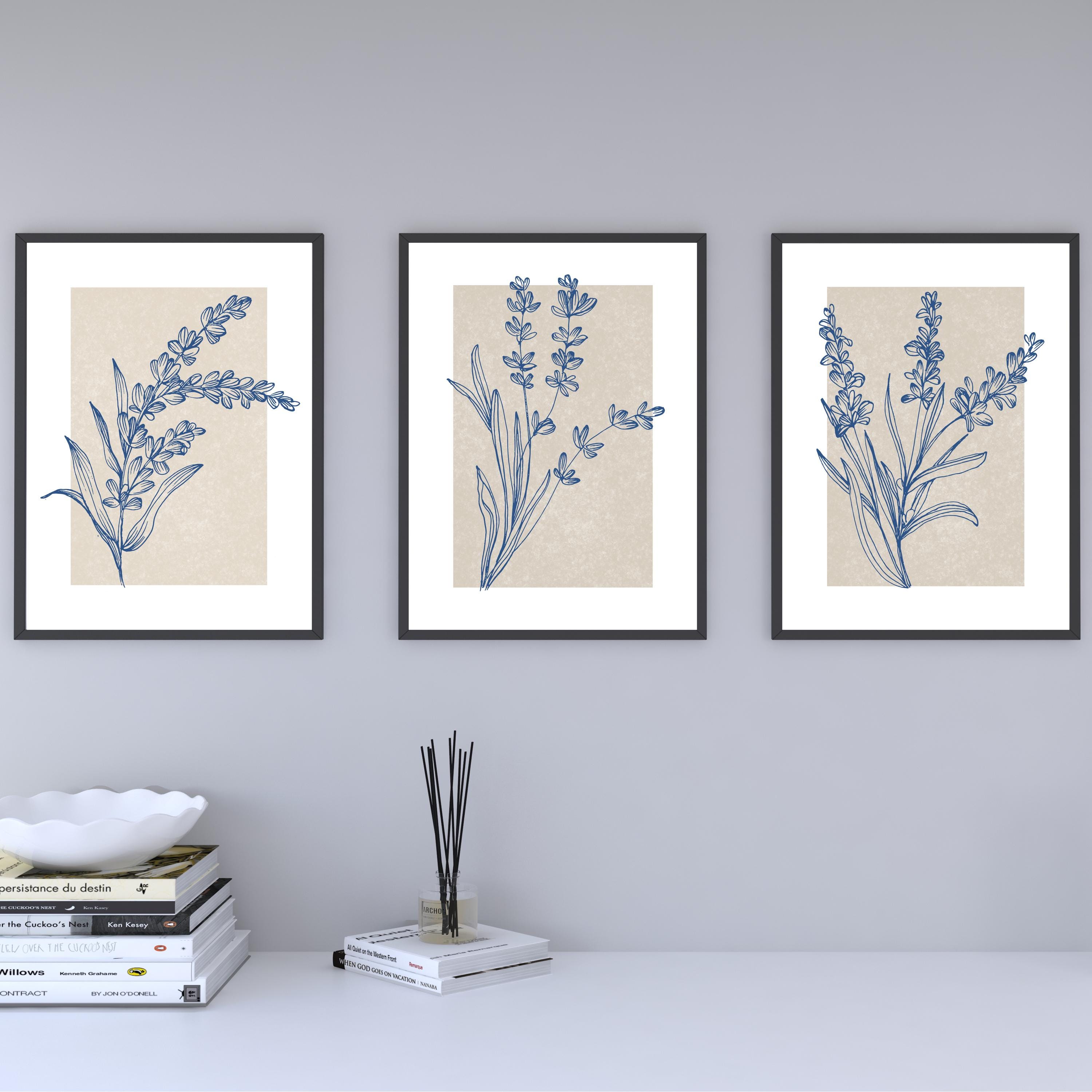 Botanical Line Art Print Set, Minimalist Blue Floral Gallery Wall - Etsy