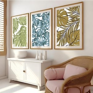 3er Set Farbe tropische Palmenblätter druckbare Kunst Moderne botanische Grüngalerie Wandkunst Natur Wandkunst Monstera Blatt Wandkunst Dekor
