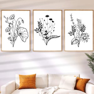 Set of 3 Minimal Line Botanical Print, Gallery Wall art, Line Flowers Printable Art, Wild Flowers Art Floral Line Art, Modern Home Decor Art