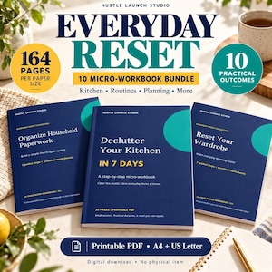 May include: A bundle of three dark blue micro-workbooks titled Everyday Reset, featuring white and teal text. The covers include titles like Organize Household Paperwork, Declutter Your Kitchen In 7 Days, and Reset Your Wardrobe. Includes 164 pages total.