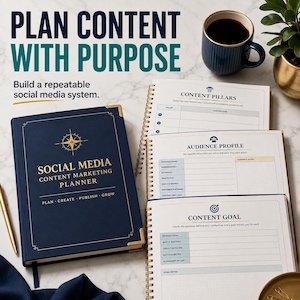 May include: A dark blue Social Media Content Marketing Planner with gold accents and a compass graphic, alongside three spiral-bound planning sheets titled Content Pillars, Audience Profile, and Content Goal, with text reading Plan Content With Purpose.