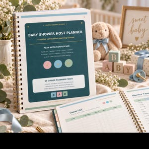 Planer baby shower do druku, lista kontrolna gospodarza, lista gości, budżet i planowanie wydarzenia w formacie PDF