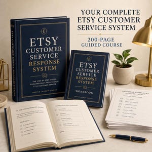 May include: A dark blue hardcover book titled Etsy Customer Service Response System, a matching workbook, an open book showing response frameworks, and a stack of response template cards with a dark blue pen on a light surface.