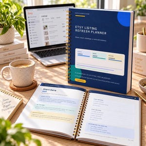 May include: A dark blue spiral-bound Etsy Listing Refresh Planner with gold wire binding. The cover features the text Etsy Listing Refresh Planner, Renew, rework, repackage, or retire with evidence, and sections for Check, Audit, and Choose.