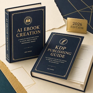 Pode incluir: Dois livros de capa dura azul-escuro com letras douradas. Um intitula-se AI EBOOK CREATION, o outro KDP PUBLISHING GUIDE. Ambos indicam 200 PAGES. Uma pequena placa dourada diz 2026 EDITION. O livro aberto mostra uma folha de trabalho.