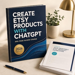 May include: A dark blue book titled Create Etsy Products With ChatGPT 2026 Edition, a 200-page guided course. Beside it lies a stack of white paper with Lesson 01 Your Profitable Etsy Product Foundation printed on top and a dark blue ballpoint pen.