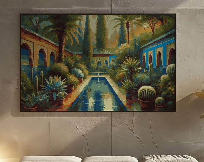 Featured listing image: Majorelle Garden Marrakech Wall Art Print Moroccan Botanical Courtyard Digital Download Exotic Boho Interior Decor Tropical Archway Artwork