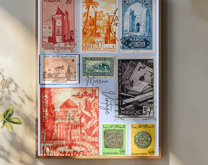 Featured listing image: Moroccan Stamps Wall Art | Digital Download | Retro Kingdom of Morocco Postal Print | Printable Historical Decor
