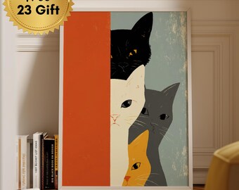Cuarteto de gatos curiosos y coloridos, impresión de arte pop minimalista retro, decoración de pared de gatos modernos y caprichosos