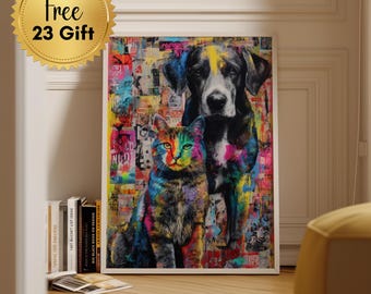 Arte mural colorido de gatos y perros, impresión digital con retrato de mascota con grafiti, arte pop urbano moderno, póster abstracto de animales, descarga digital