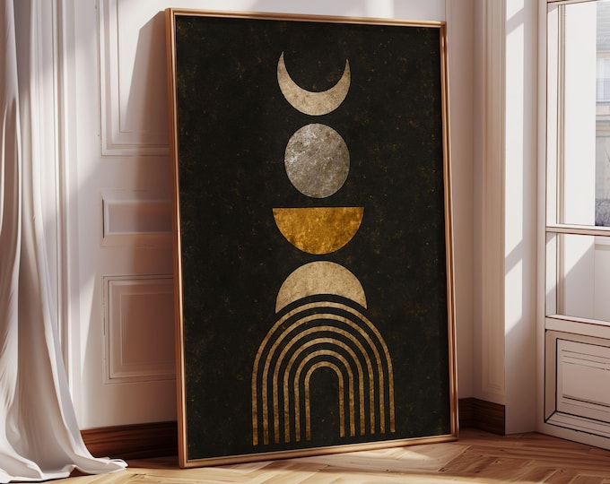 Featured listing image: Minimalist Boho Abstract Wall Art – Black and Gold Modern artwork | Moon Phase Geometric | golden boho art | best boho wall art