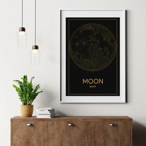 Minimalistische Mond-Wandkunst – Schwarz-goldenes Mondkarten-Poster | Weltraumdekor zum Ausdrucken | Digitaler Download von Kunst
