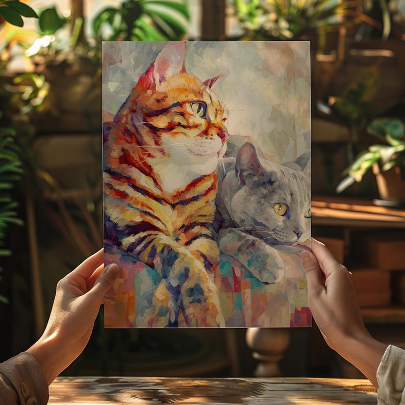 Puede incluir: Pintura colorida de dos gatos. Uno es naranja con rayas oscuras, el otro gris. Descansan sobre una superficie estampada. La obra de arte tiene un estilo pict&oacute;rico con pinceladas visibles y una luz suave y difusa.
