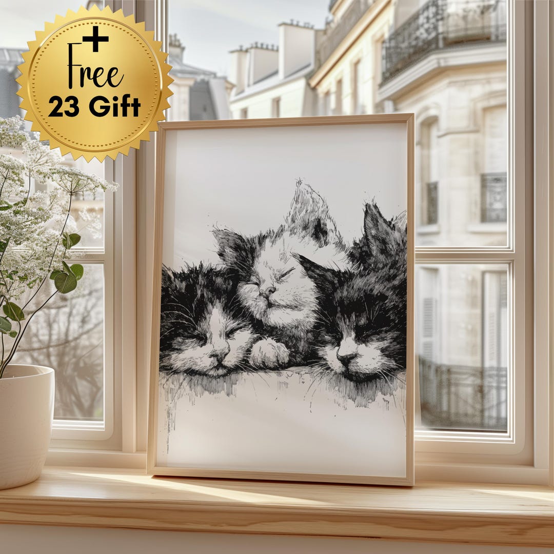 Sleeping Kitten Trio Sketch Print, Black and White Cat Drawing, Cozy ...