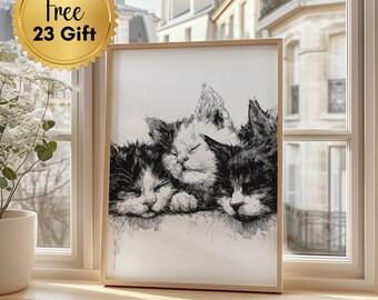 Impresión de boceto de trío de gatitos durmiendo, dibujo de gato en blanco y negro, arte de pared acogedor de gato, ilustración minimalista de gatos con esmoquin
