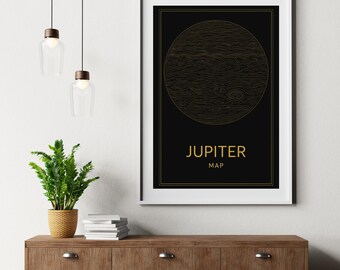 木星のウォールアート（印刷可能） - ミニマルな黒と金の惑星ポスター、モダンな宇宙デジタルダウンロード装飾