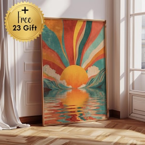 Arte de pared de atardecer retro, impresión psicodélica del océano, póster colorido de olas del amanecer, obra de arte digital inspirada en los años 70, decoración vintage de playa para el hogar