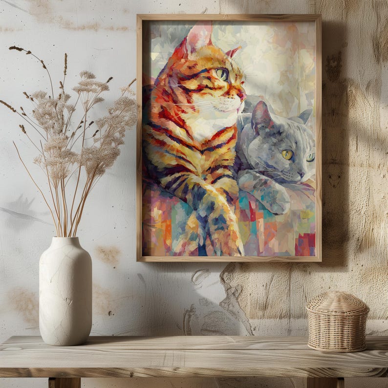 Puede incluir: Una impresi&oacute;n en acuarela enmarcada con dos gatos. Uno es naranja con rayas negras, el otro gris. Los gatos descansan sobre una superficie colorida con patrones. La obra de arte est&aacute; en un marco de madera.