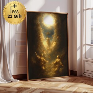 Puede incluir: Una obra de arte enmarcada que representa una escena celestial con figuras bañadas en luz dorada. La pintura presenta una fuente de luz central brillante, rodeada de nubes y figuras con los brazos extendidos. Un sello dorado con el texto "Free 23 Gift" está en la esquina superior izquierda.