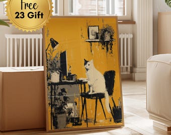 Arte de pared divertido de gato blanco, impresión de gato trabajando en el escritorio, decoración de gato para la oficina en casa, póster digital con fondo amarillo, descarga de obra de arte felina peculiar