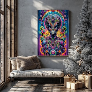 Puede incluir: Una impresión de arte digital psicodélica con un extraterrestre colorido con ojos grandes y un fondo geométrico. El extraterrestre está rodeado de patrones en espiral y colores vibrantes, creando una estética psicodélica y de otro mundo.