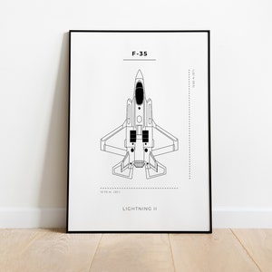 May include: A black and white line drawing of an F-35 Lightning II fighter jet. The drawing shows the jet from a top-down perspective. The text "F-35" and "LIGHTNING II" are included in the drawing.