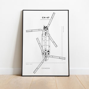 Chinook Blueprint Poster - Helicopter Wall Art - CH-47 Chinook - DIGITAL DOWNLOAD - Minimalist Chinook Wall Art - Military helicopter poster