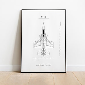 F16 Blueprint Poster - Fighter Jet Wall Art - F-16 Fighting Falcon - DIGITAL DOWNLOAD - Minimalist F16 Wall Art - Military Aircraft Poster