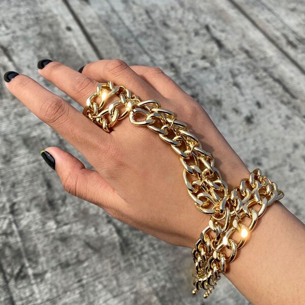 14k Solid Gold 925 Silver - Chunky Cuban Link Hand Chain Bracelet - Slave Bracelet - Finger Chain Bracelet - Kundan Bracelet - Gift For Her