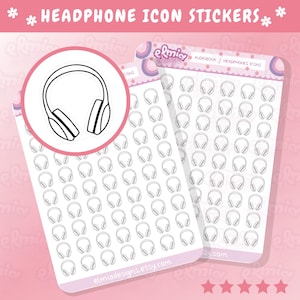 Könnte beinhalten: Ein Blatt mit 70 weißen Aufklebern mit schwarzen Kopfhörern. Das Blatt ist in zwei Spalten unterteilt. Oben auf dem Blatt steht der Text "AUDIOBOOK/HEADPHONES ICONS" in schwarzer Schrift. Unten auf dem Blatt steht der Text "elmiadesigns.etsy.com" in schwarzer Schrift.
