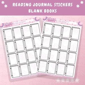 May include: Two sticker sheets with a pale purple background, each featuring rows of blank book outlines. The text "READING JOURNAL STICKERS BLANK BOOKS" is at the top. The stickers are designed for journaling and reading enthusiasts.