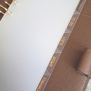 Könnte beinhalten: Ein brauner ledergebundener Planer mit durchsichtigen Plastikteilern, die mit "Finanzen", "Haus", "Listen", "To Do" und "Zeitplan" beschriftet sind.